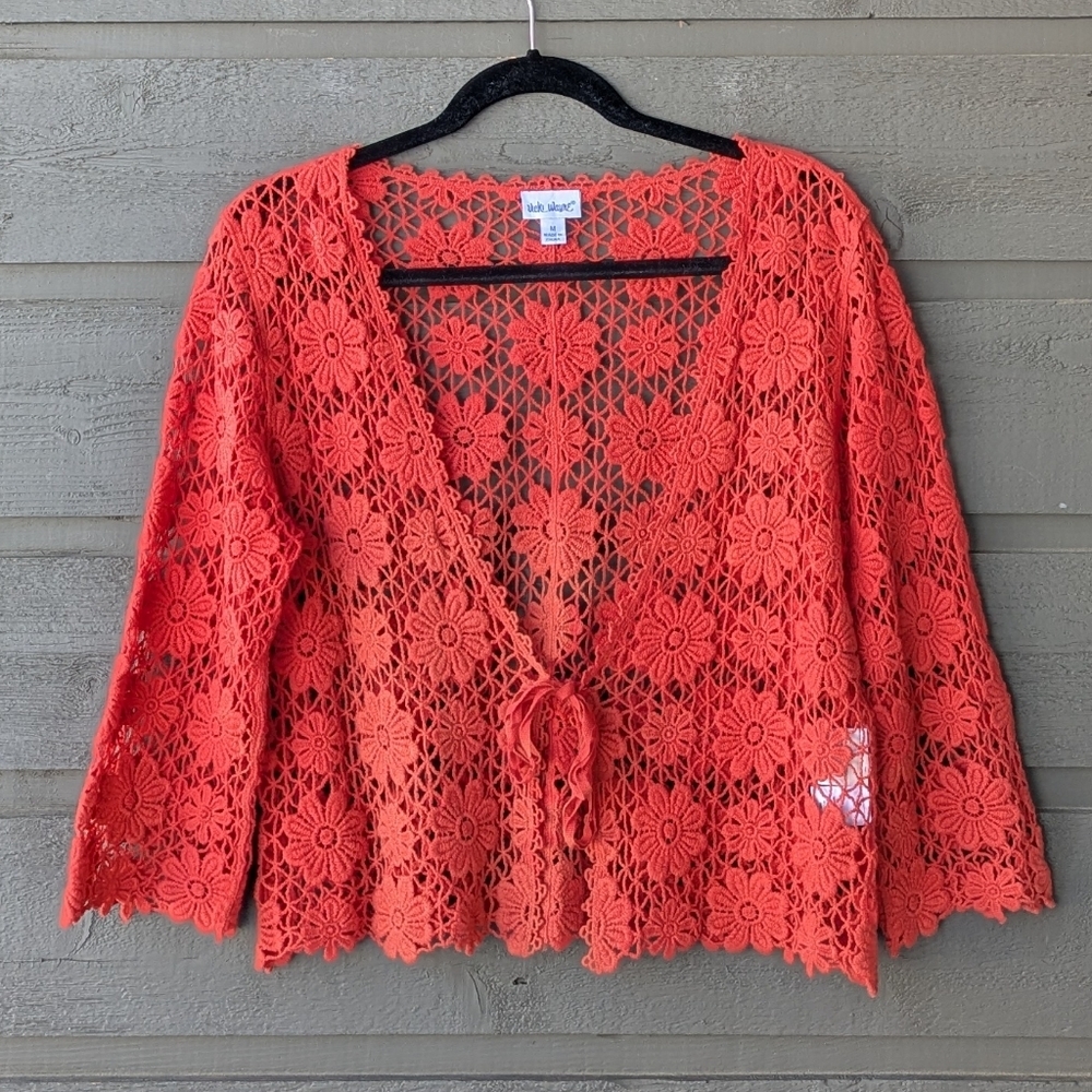 Vicki Wayne Coral Orange Floral Crochet Front Tie Cropped Cardigan Medium Boho - Picture 10 of 10